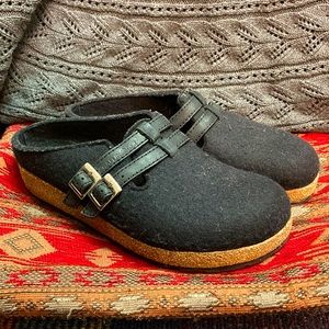 HAFLINGER Haley Black Wool Clog Sz EU 39 US 8 Double Buckle